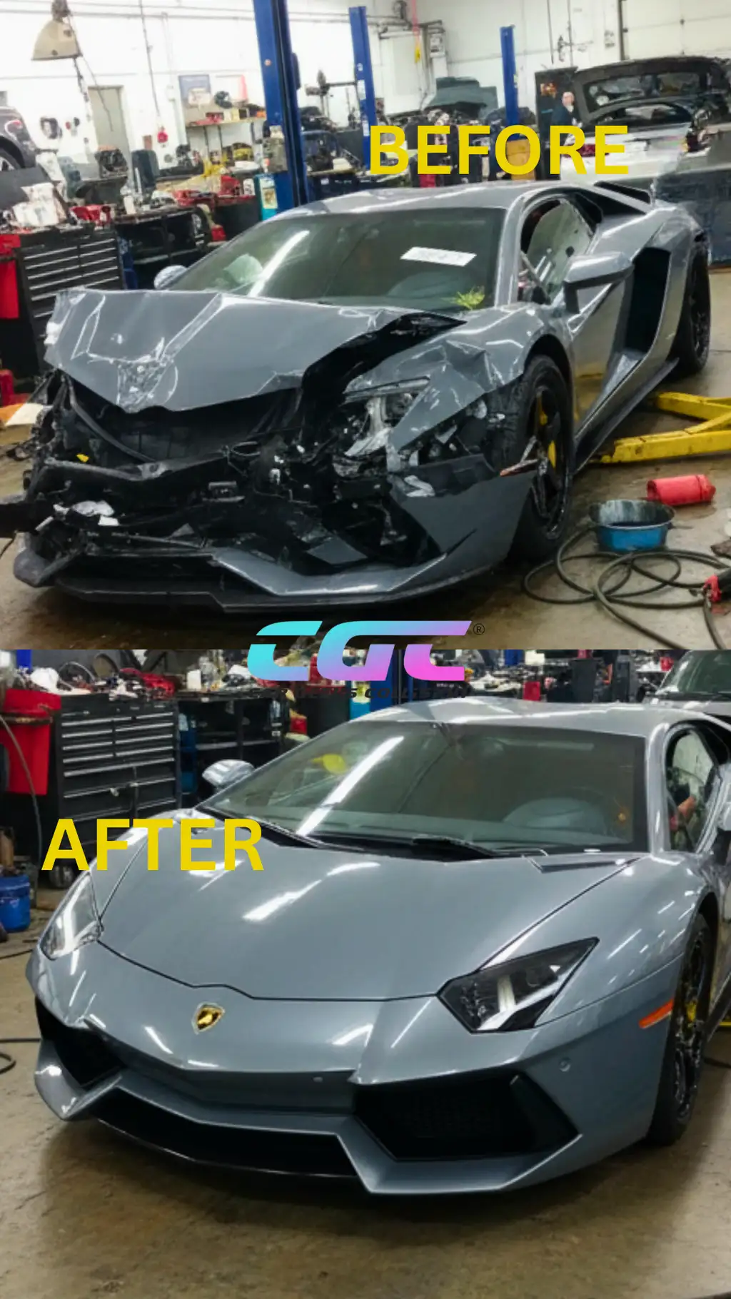 Lamborghini collision repair before and after at Car Geeks Collision