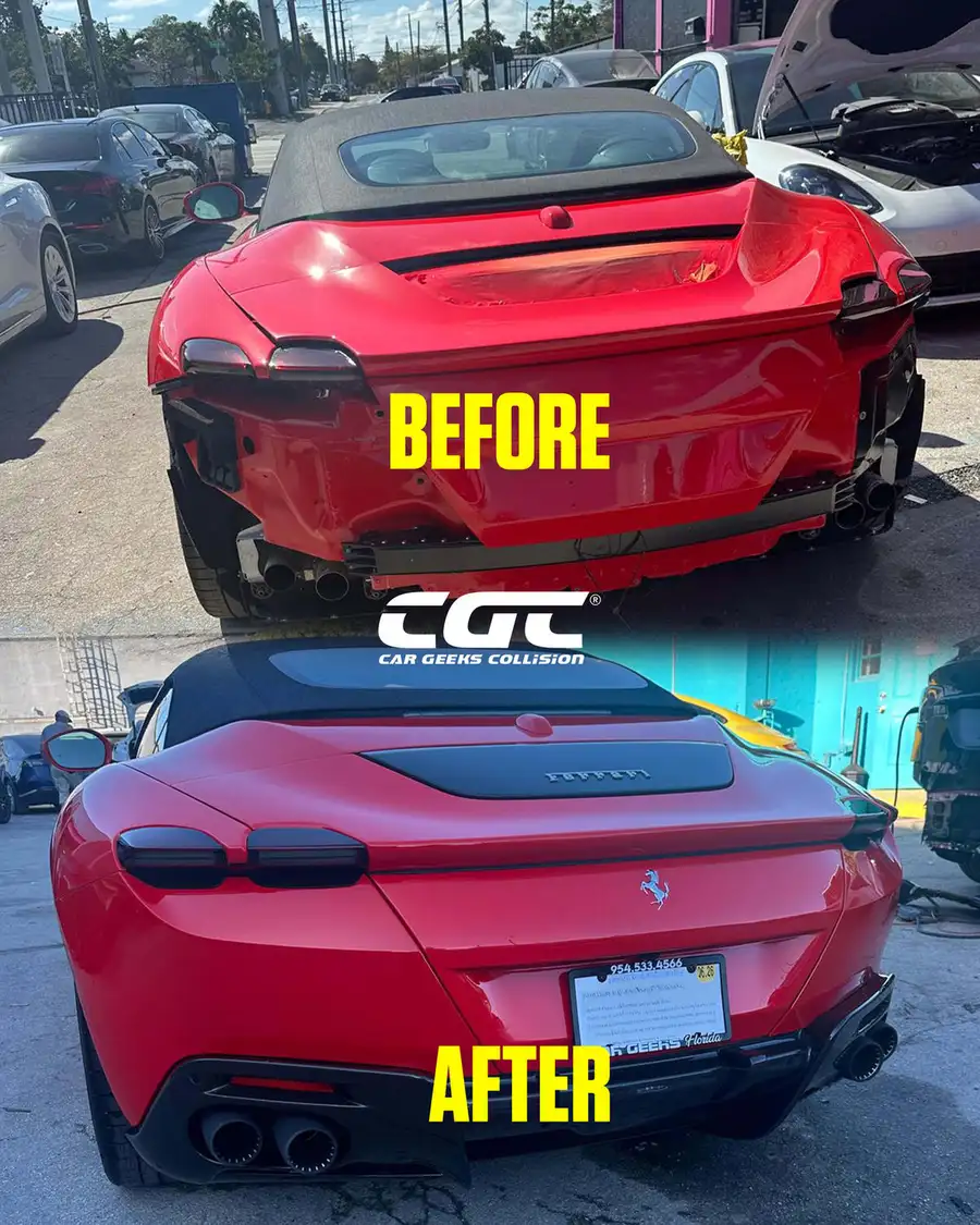 Ferrari Roma rear-end collision repair before and after at Car Geeks Collision