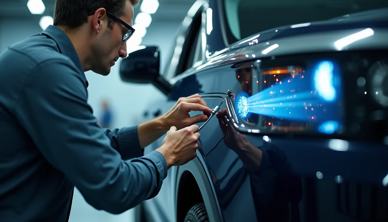 Close-up view of a technician calibrating advanced safety sensors on a luxury vehicle
