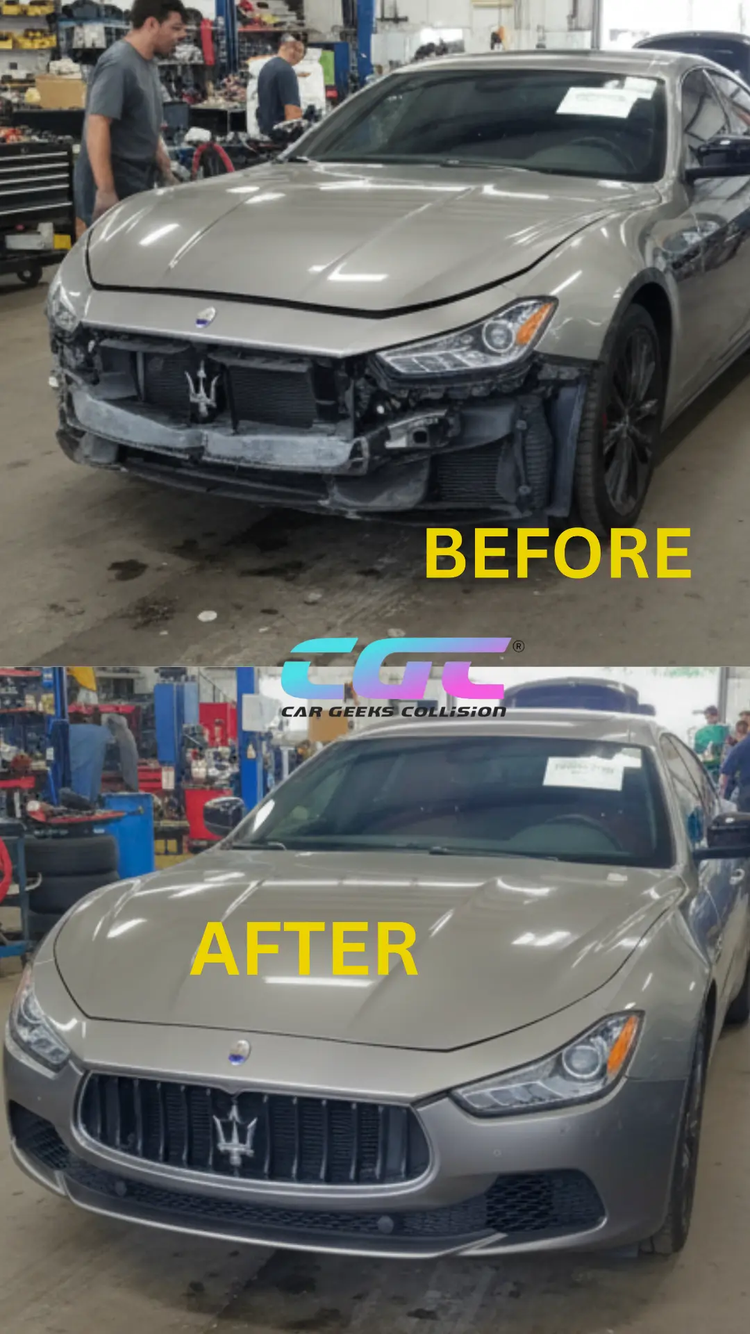 Vehicle collision repair before and after at Car Geeks Collision