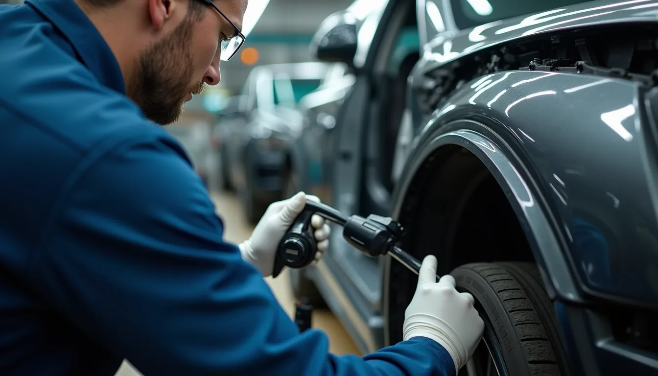 Close-up view of a technician using advanced equipment to repair a car frame