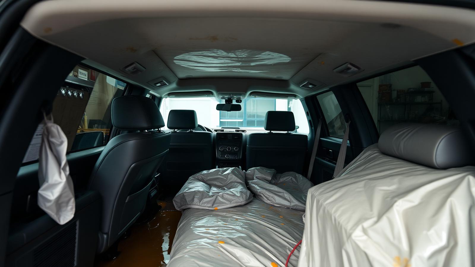 SUV interior being dried and decontaminated after flood damage