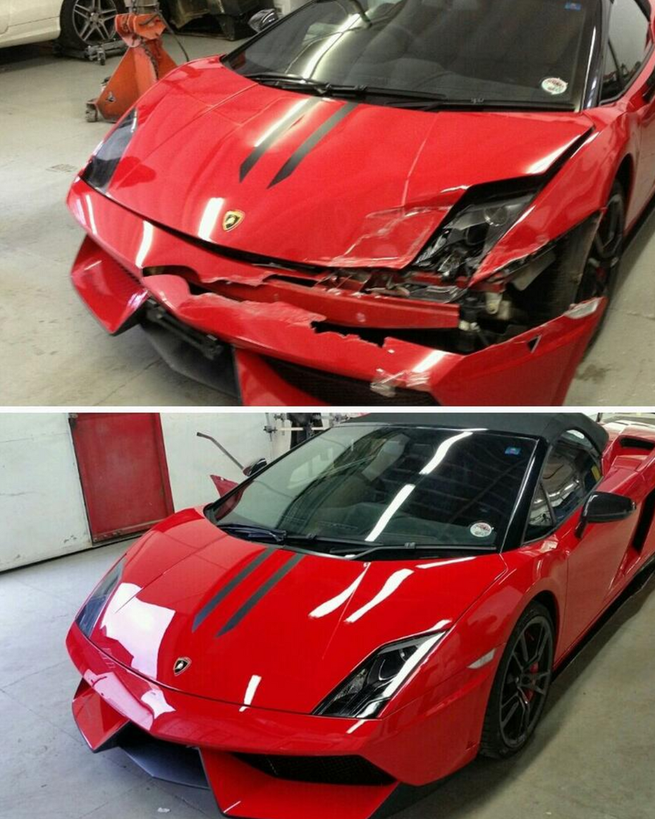 Lamborghini Gallardo Spyder front-end collision repair before and after at Car Geeks Collision