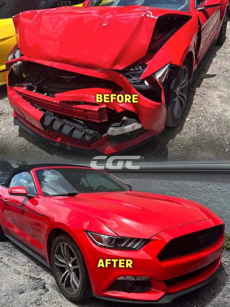 Ford Mustang front-end collision repair before and after at Car Geeks Collision