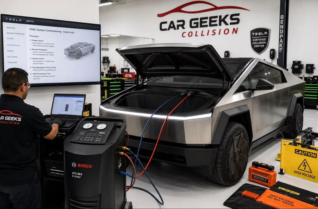Car Geeks Collision technician servicing Tesla Cybertruck HVAC and high-voltage battery system