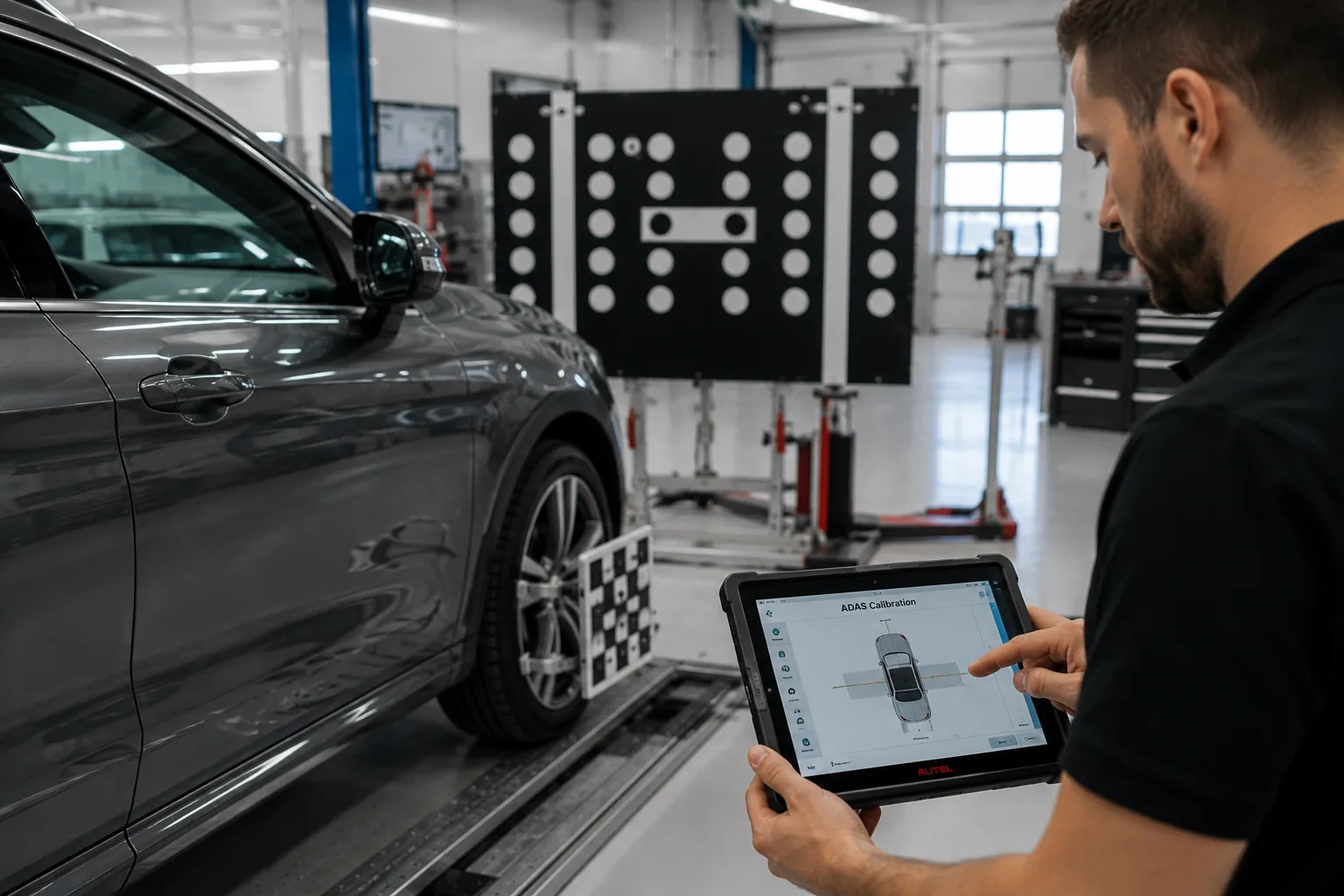 Technician calibrating front radar sensor on a Mercedes-Benz