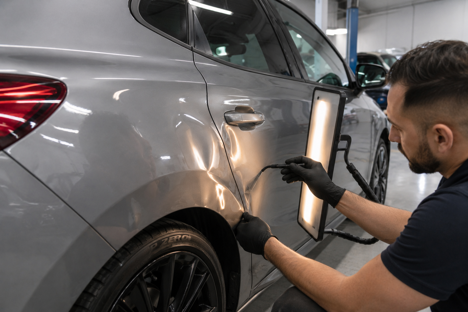 PDR technician inspecting a dent on a silver car door with a reflective LED board