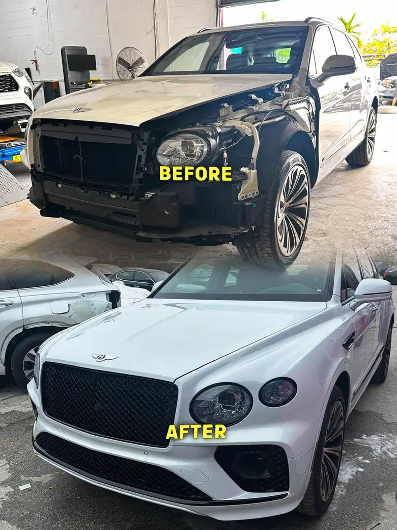Bentley Bentayga front-end collision repair before and after at Car Geeks Collision