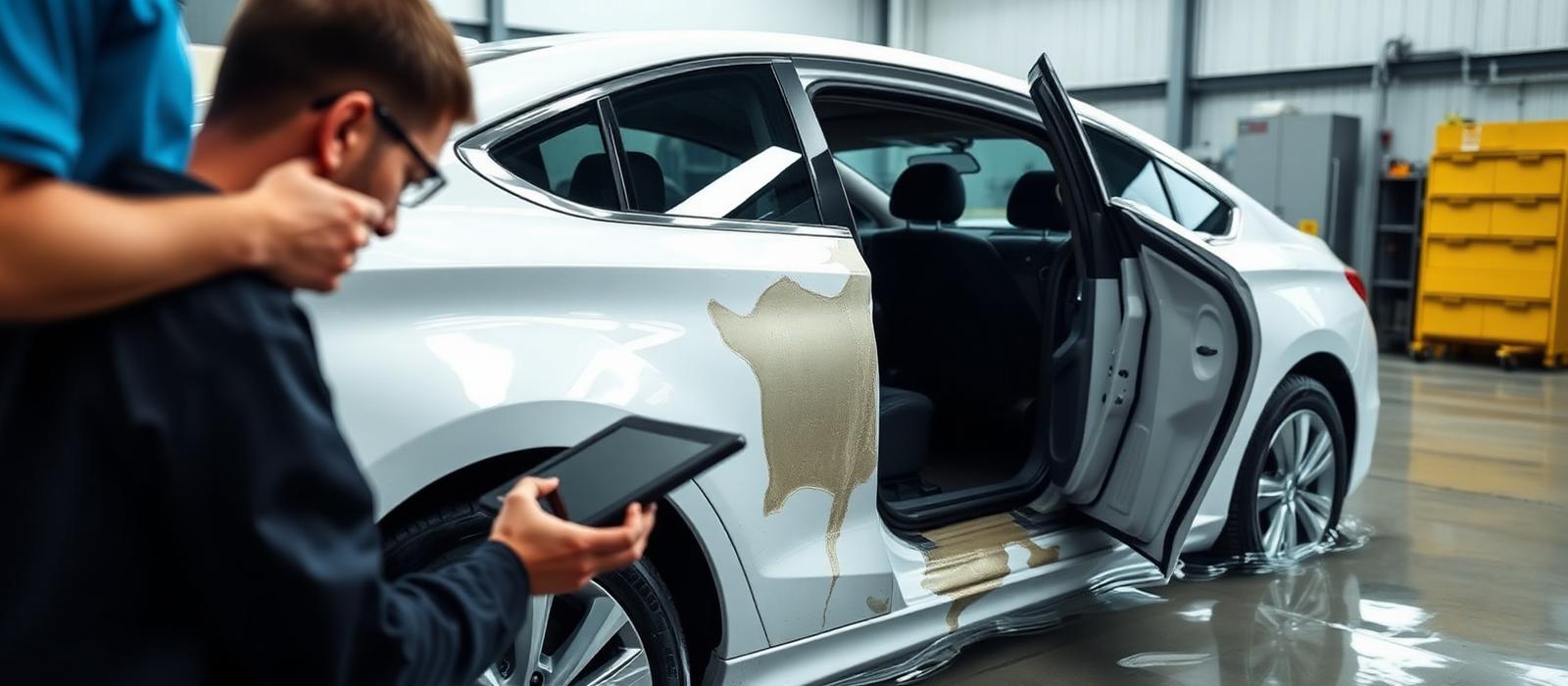 Technician inspecting flood damage on a sedan with water-line staining