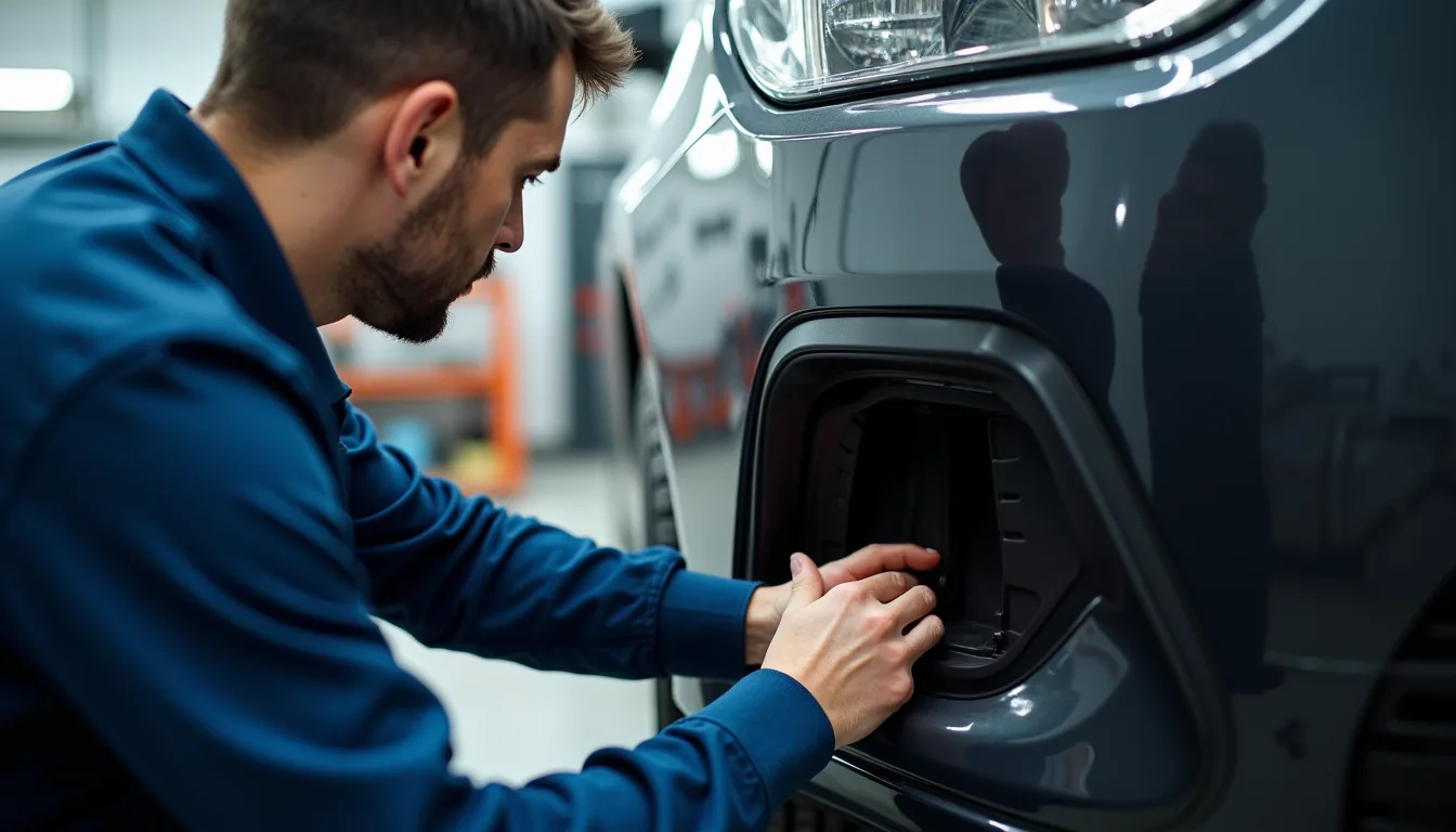 Close-up view of a technician repairing a car bumper