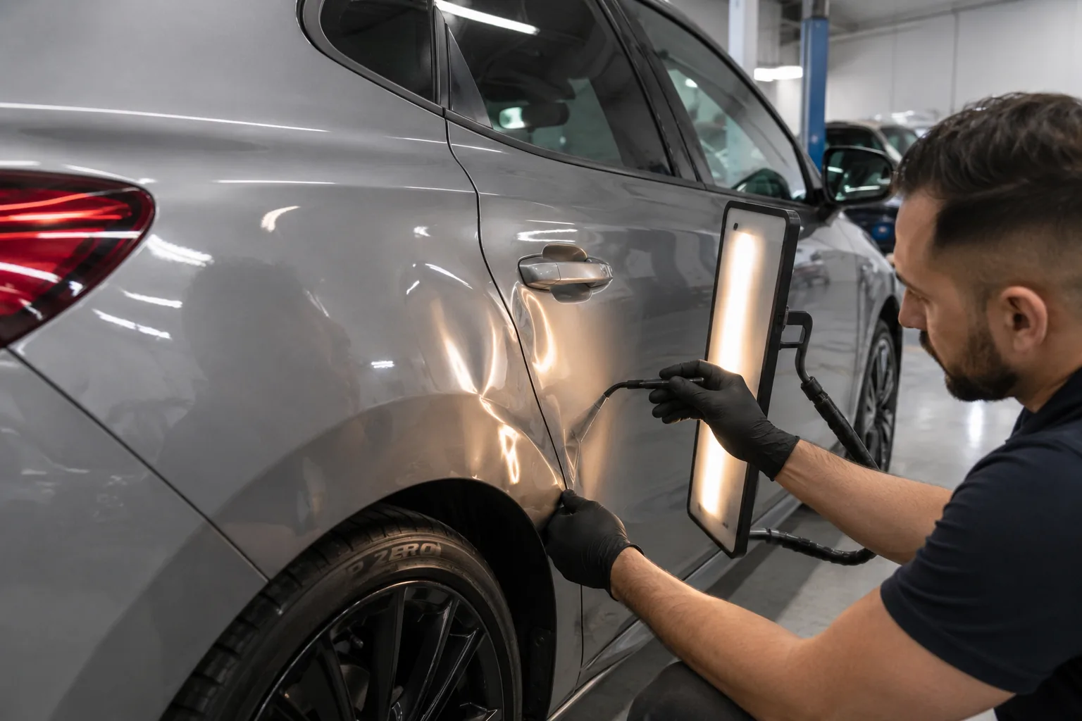 Technician assessing a dented panel with a reflective inspection board at Car Geeks Collision