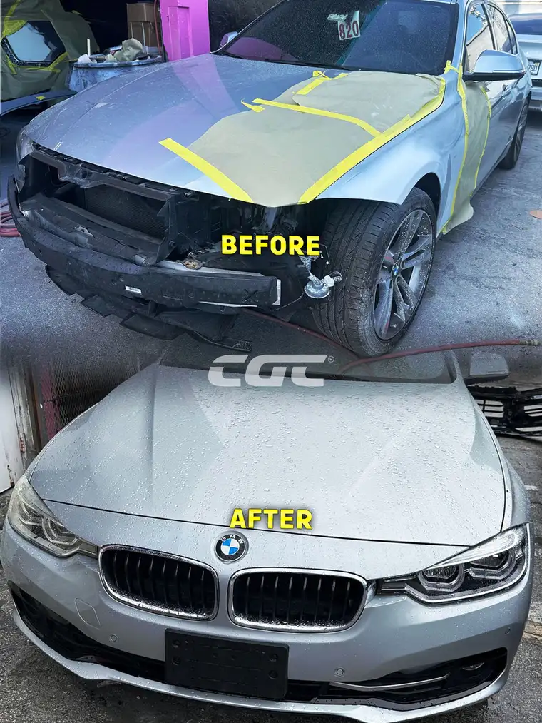 BMW 3 Series paint refinish and panel repair before and after at Car Geeks Collision