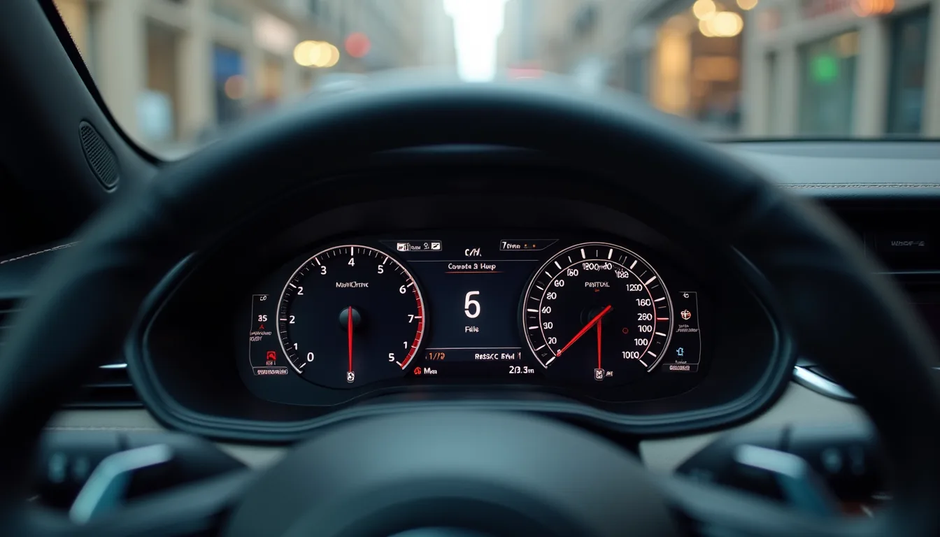 Eye-level view of a luxury car dashboard showing maintenance alerts