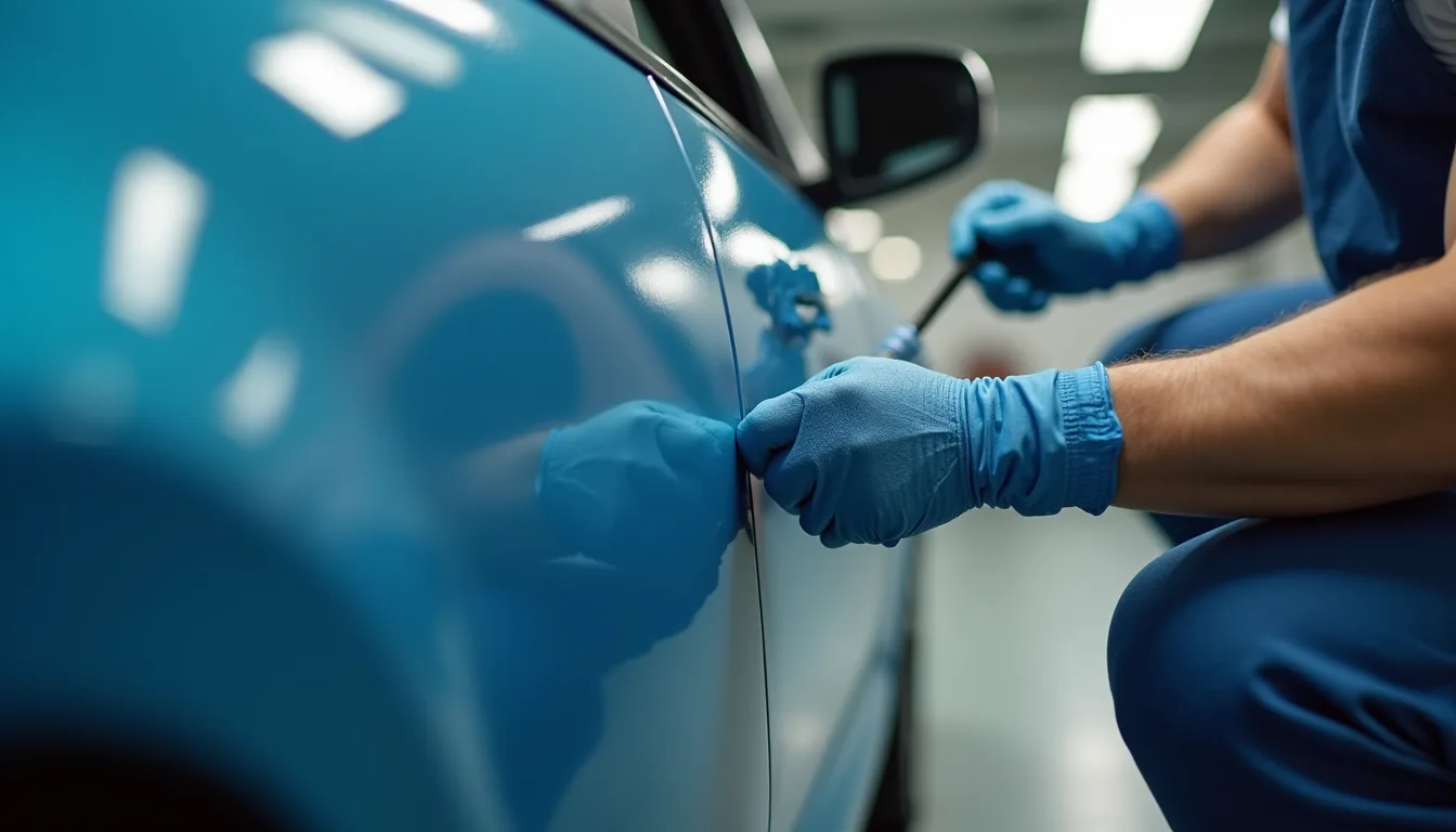 Close-up view of a technician applying paint to a car door