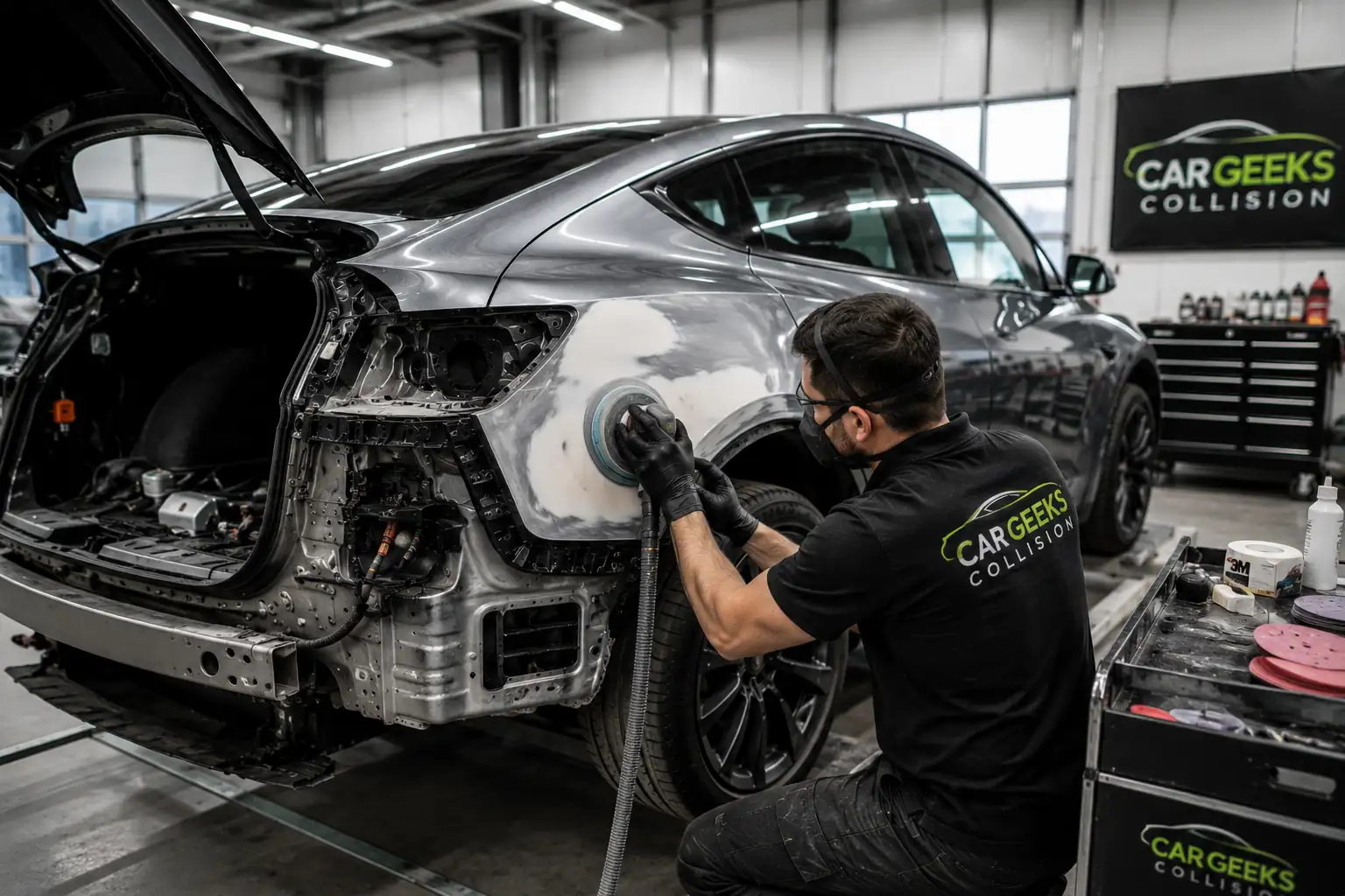 Electric truck on a shop lift with body panels being aligned