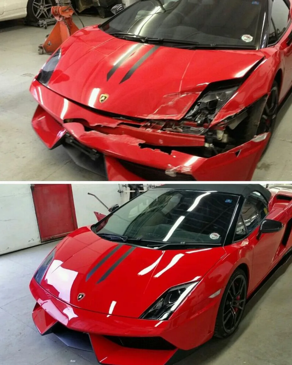 Lamborghini Gallardo Spyder front-end collision repair before and after at Car Geeks Collision