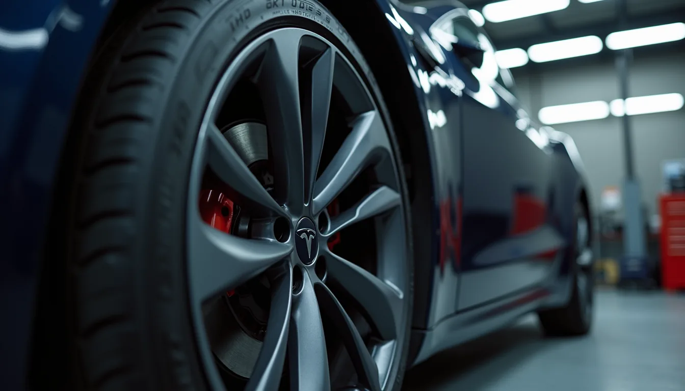 Close-up view of a Tesla wheel and body panel in a repair shop