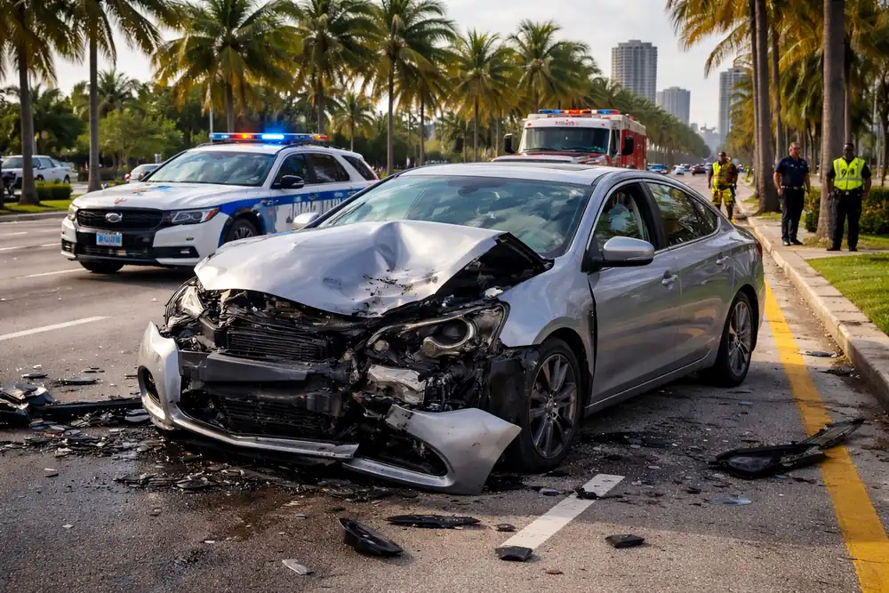 Eye-level view of a damaged car on the roadside after an accident