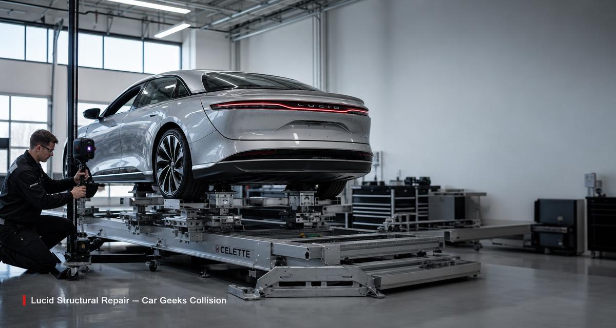 Certified aluminum welder repairing a Lucid Air structural frame member at Car Geeks Collision