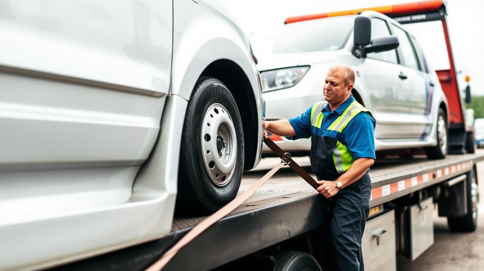 Tow truck operator securing a vehicle on a flatbed