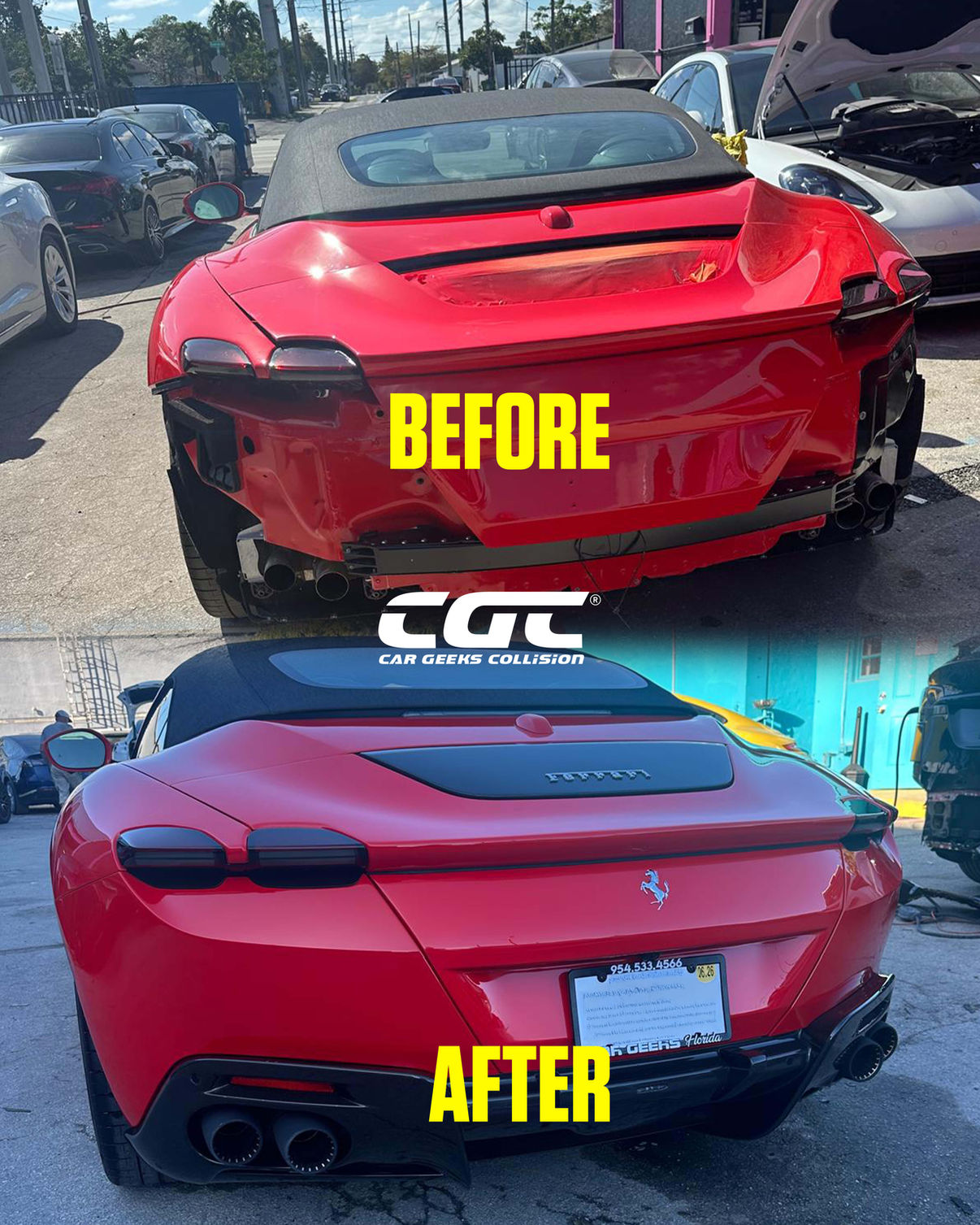 Ferrari Roma rear-end collision repair before and after at Car Geeks Collision