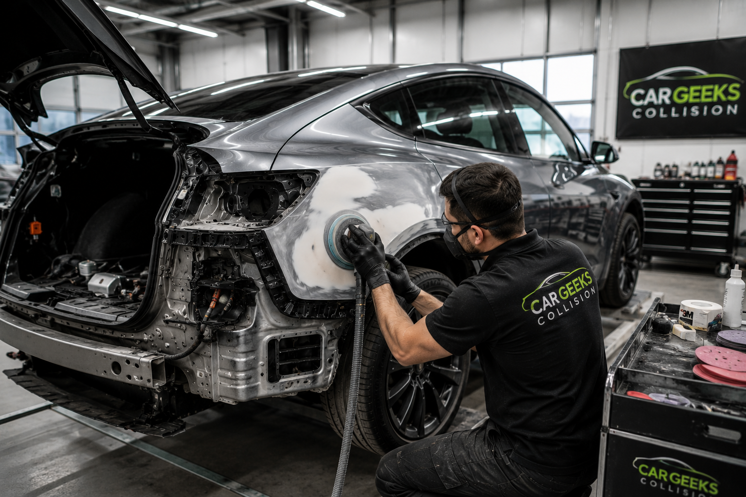 Rivian R1T on a frame rack with body panels being aligned