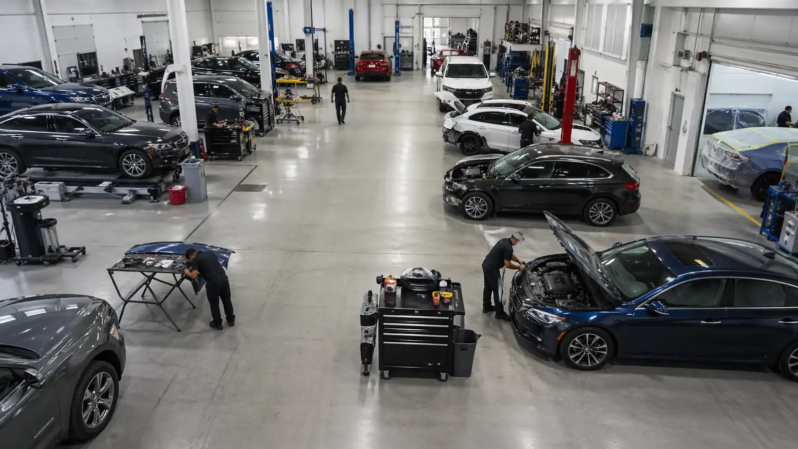 High angle view of a clean and busy auto bodyshop with cars being repaired