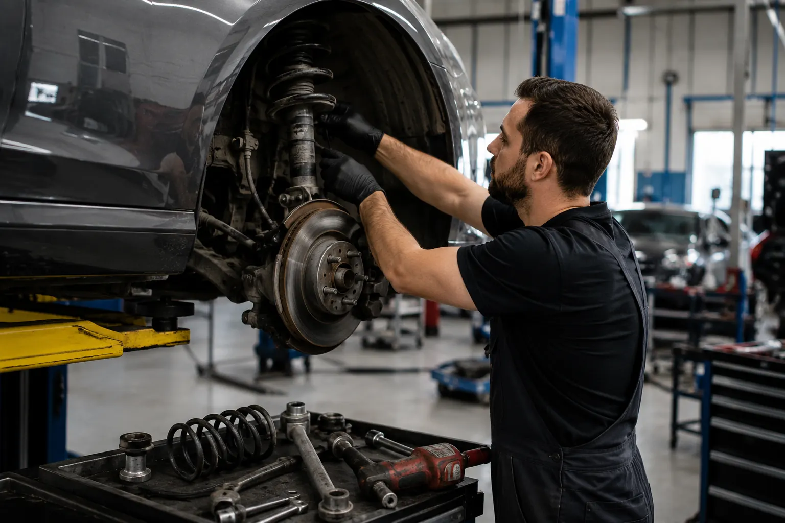 Mechanic replacing the front strut on a lifted Porsche Cayenne