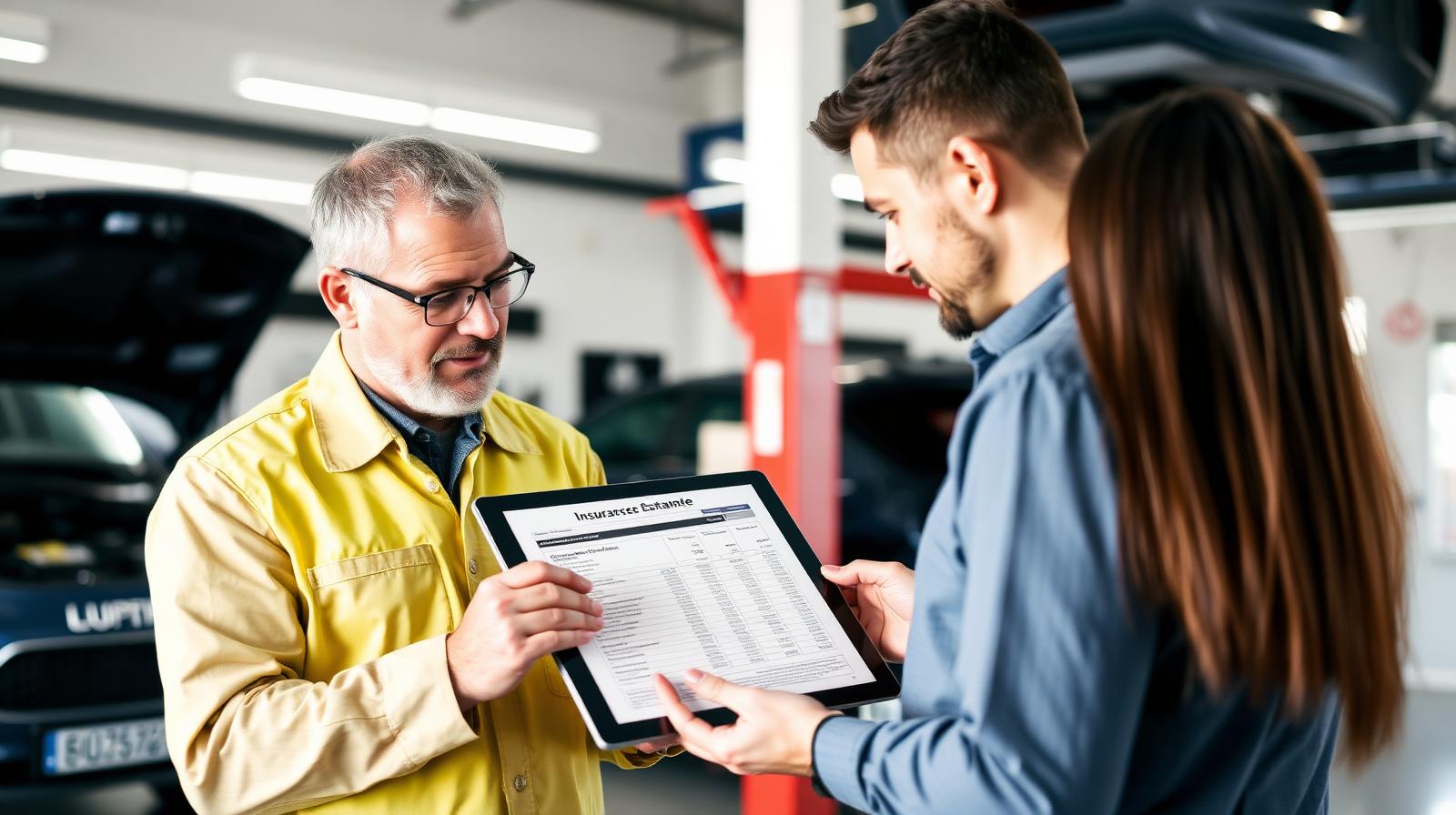 Service advisor reviewing an itemized insurance estimate with a customer