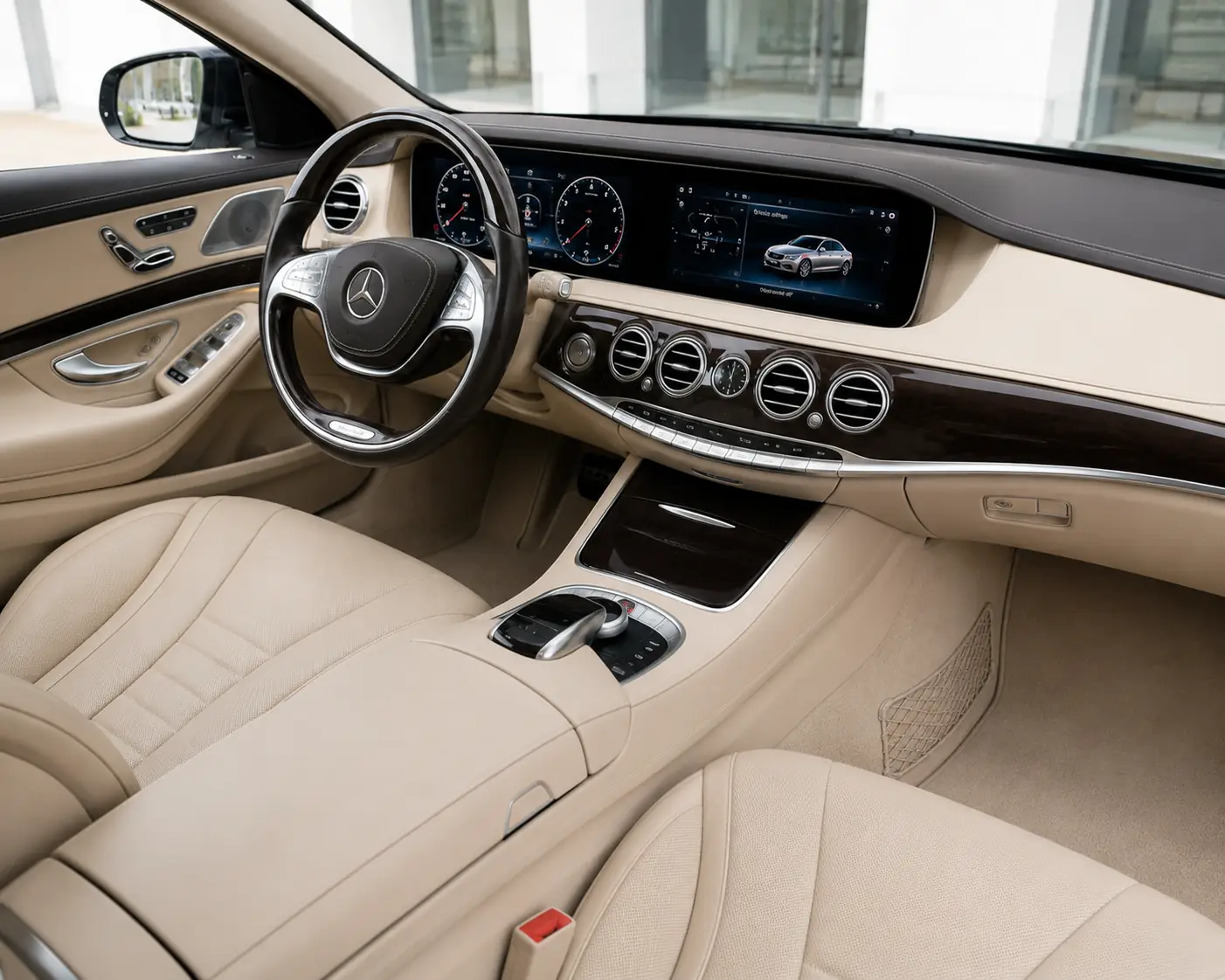 Fully restored Mercedes interior with clean leather seats