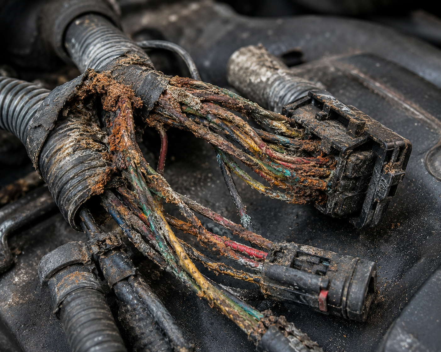 Corroded wiring harness with rust and salt damage