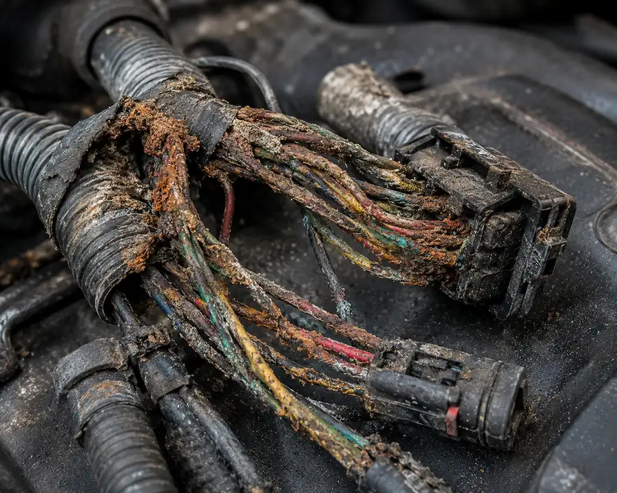 Corroded wiring harness with rust and salt damage