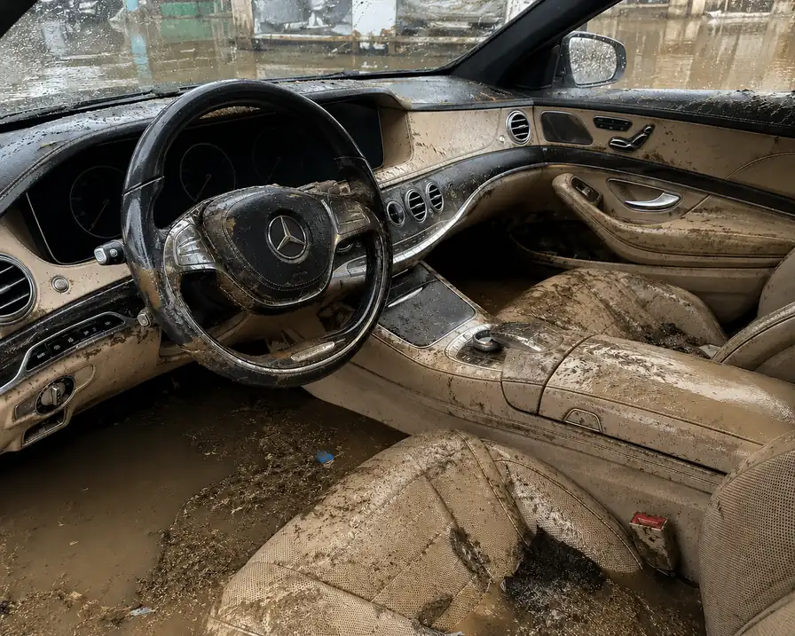 Flood-damaged Mercedes interior covered in mud