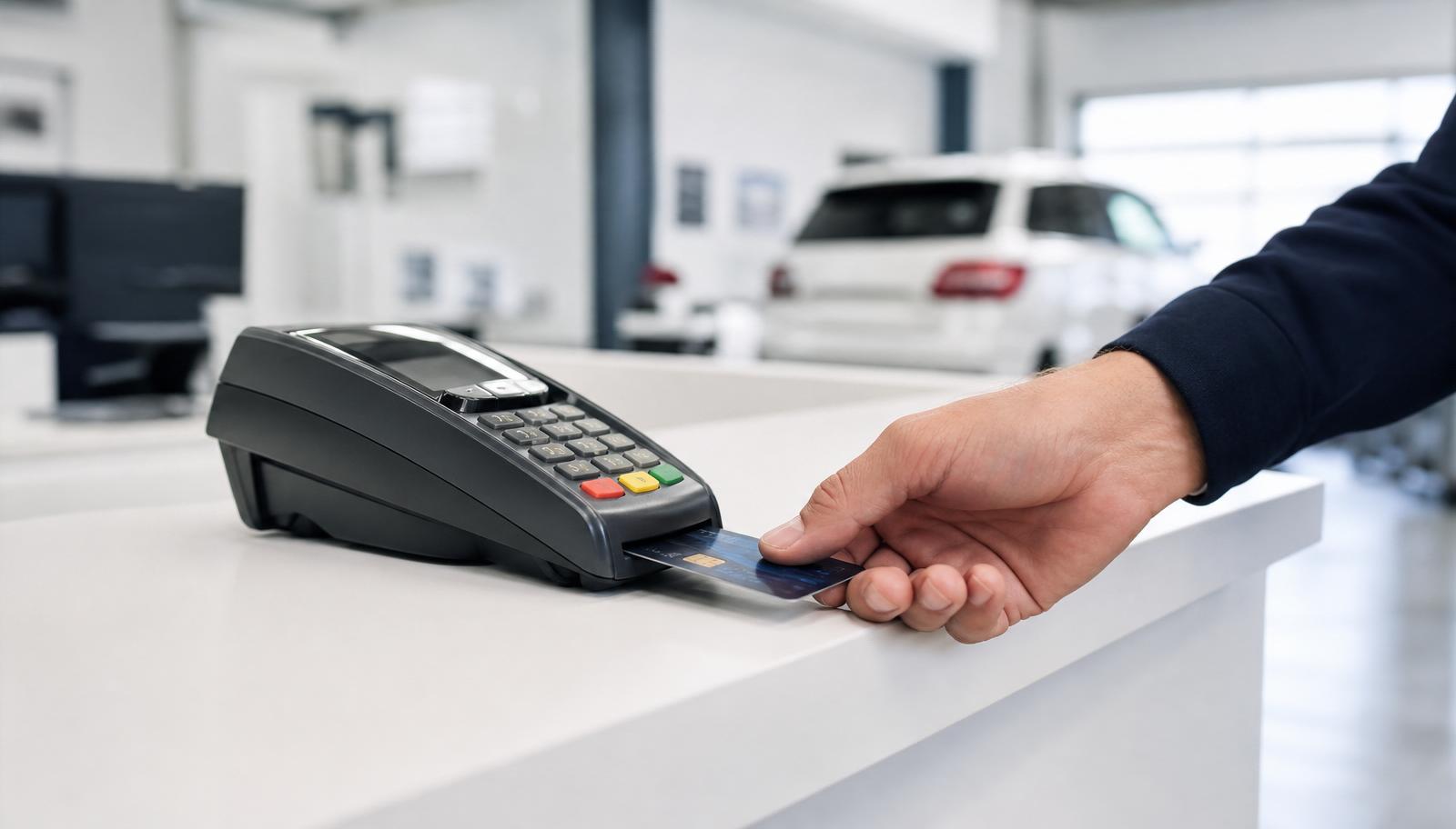 Customer paying with credit card at auto repair shop front desk
