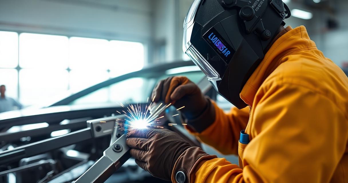 Certified aluminum welder repairing a Lucid Air structural frame member at Car Geeks Collision