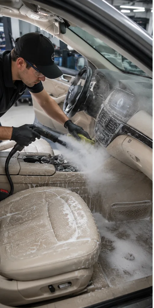 Technician steam cleaning flood damaged interior seats and dashboard