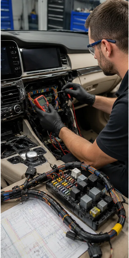 Technician inspecting flood damaged wiring harness and fuse box with multimeter