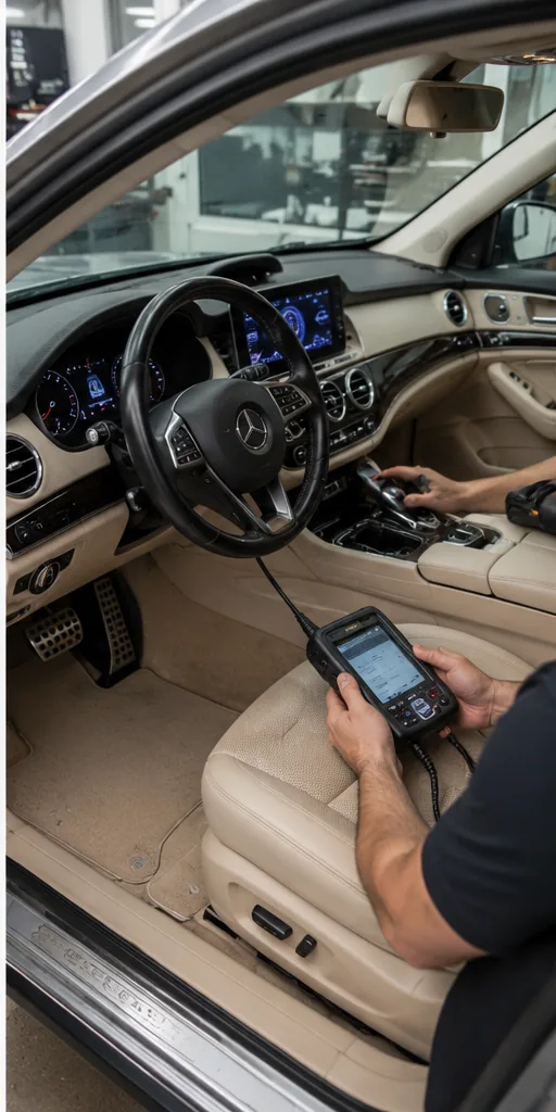 Technician running OBD diagnostics inside cleaned Mercedes interior after flood repair