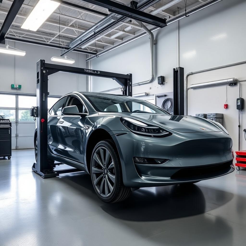 Tesla collision repair bay in South Florida with a Model 3 on a frame rack — Car Geeks Collision EV repair specialists